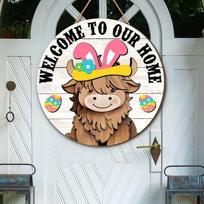 🐇 Easter Sale: 50% OFF！！💥Highland Cow Sign Interchangeable Welcome Sign with Magnet Detachable Hats Cute Cattle Hanging